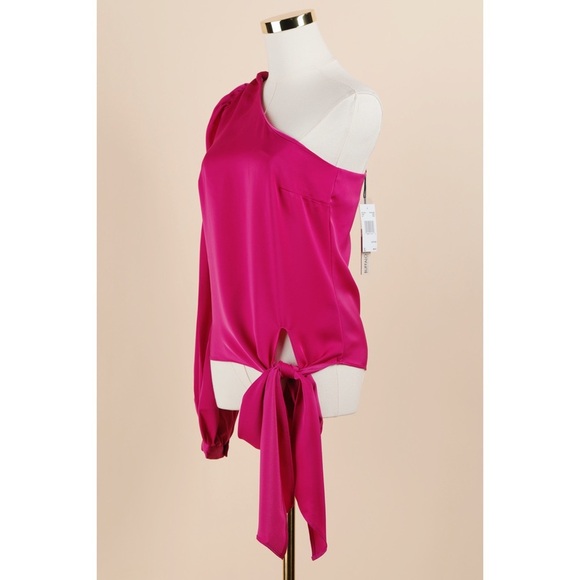 Sz XS Buffalo Satiny Fuschia Asymmetrical One Shoulder Self Tie Blouse NWT - Picture 4 of 5
